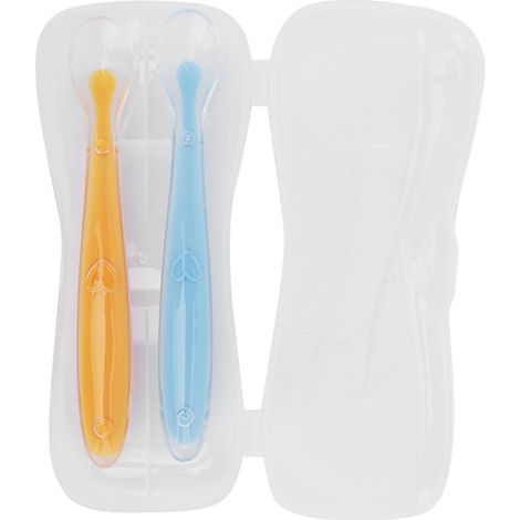 2 cuillères souples en silicone pour bébés dès 4 mois, coffret jaune et bleu (1/5)