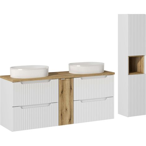 Doppelwaschtisch und Hängesäule 140cm Riva mit 4 Schubladen, Weiß und Holzoptik