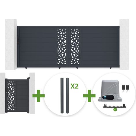 Portail coulissant 3,5m RUIVO H.140cm aluminium gris + Portillon 1m RUIVO H.140cm + 4 poteaux + motorisation Ranger C300 (1/5)