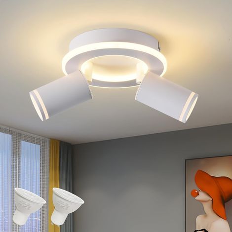 Spot de plafond Ronde Orientable 2 Spots,3000K Blanc Chaud,Blanc LED Plafonnier Pivotants 350°,Moderne Éclairage luminaire avec Lueur inférieure 15W+2x5W GU10,Spot mural Pour Cuisine Salon (1/5)