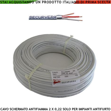 Cavo Flessibile Antifurto Schermato Antifiamma 2x0,22 mm² Guaina PVC Bianco Prot. Alluminio/Poliest Drenaggio 2 Condut. Polariz. Fili 7 Ø 0,19 mm Twistato Per Impianti di Allarme Norma CEI 20/22-III (1/2)