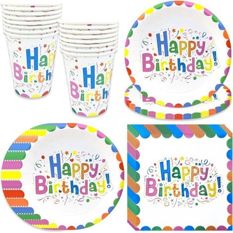 16 pièces vaisselle jetable anniversaire, assiettes 17,8 cm + gobelets 266 ml + serviettes 16x15 cm, motif pois géométrique multicolore, fête enfants et adultes