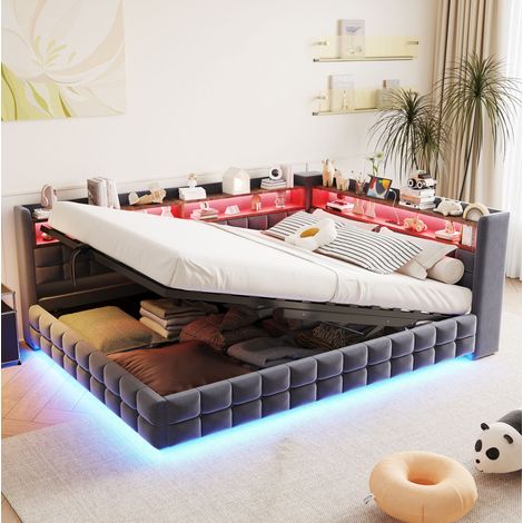Lit coffre 140x200 cm en velours gris, LED et ports USB, pour chambre, sans matelas – MEUBLIV (1/5)