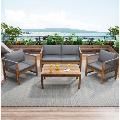 Set di mobili da giardino in acacia e corda grigio, con 2 poltrone, divanetto 2 posti, tavolo e cuscini sfoderabili (1/5)