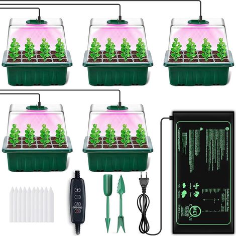 5 Mini Serre pour Plantes, Tapis Chauffant, Lumière LED, Minuterie, Bac à Semis, Intérieur (1/5)
