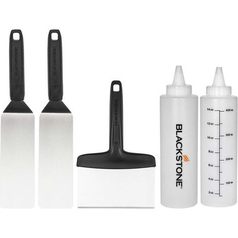 Blackstone kit utensili per piastra 5230, 5 pezzi, 2 spatole acciaio inox, raschietto, 2 bottiglie 0,5 litri