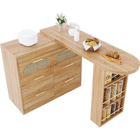 Tavolo da Bar Girevole con 6 Cassetti e Vano, Ante in Rattan PE, MDF e Metallo, Naturale, 128-203 x 39 x 90 cm (1/5)