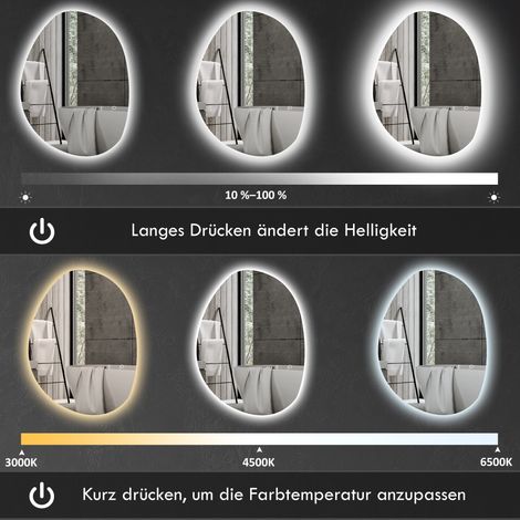 Miroir lumineux salle de bain LED asymétrique 80x60 cm, 3 températures de couleur, antibuée, cadre argenté