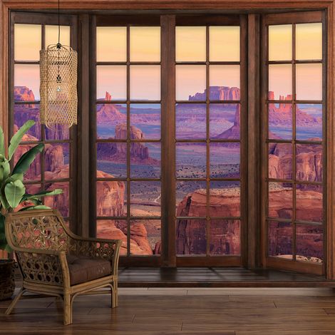 Papier peint panoramique Trompe l'oeil Fenêtre en bois - Grand Canyon - 130 cm x 104 cm (1/5)
