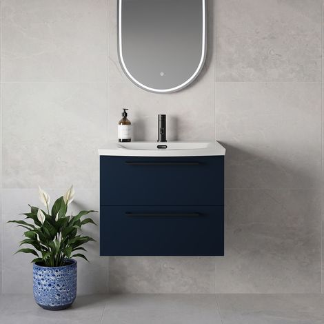 Napoli 390 Deep Blue 600mm Wall Mounted 2 Drawer Vanity Unit with Arc Basin - 600mm - Matt Black 320mm Handle