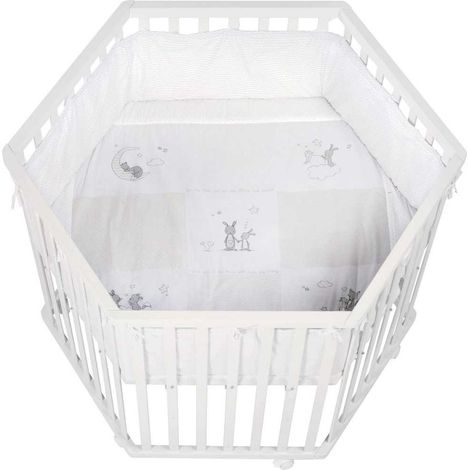 Parc hexagonal - ROBA - FOX & BUNNY - De la naissance jusqu'a 15 kg - Réglable - Roulettes - Blanc laqué
