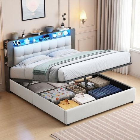 Cama con arcón 140x200 hidráulica - Cabecera tapizada en terciopelo beige - LED RGB integrada - Carga inalámbrica - Almacenamiento a gas