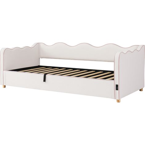 Cama diván 90x200 cm con almacenaje hidráulico, cabecero, USB y Type-C, beige HOMVRA (1/5)