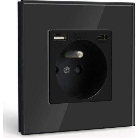 Prise Murale avec USB et 1 Type C,Noir courant alternatif avec Panneau en verre cristal,Multiprise Murale avec USB(max2.1A),convient à la smartphone,à la tablette (1/4)