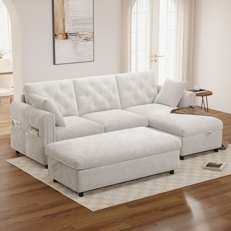 Divano angolare reversibile con chaise longue e pouf contenitore, velluto beige DESVIAE (1/5)