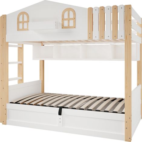 Litera infantil 90x200 cm estilo casita con LED y almacenaje, blanco y natural (1/5)