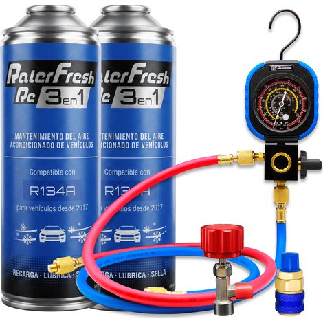 Pack gas refrigerante 2 botellas Ralerfresh RC R134 3en1 500ml con Manometro RF31, llave y conector rápido