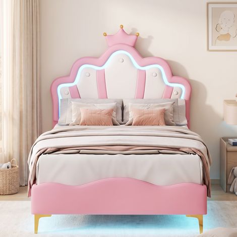 Lit simple 90x200 cm, lit enfant avec RGB LED et tête de lit couronne réglable, lit capitonné avec sommier, Rose (1/5)