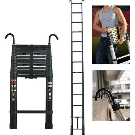 Dayplus – Échelle télescopique 6,2 m avec 2 crochets – Aluminium noir – 15 niveaux – Charge maximale 150 kg – Pliable et légère pour rangement facile - Ladder-6