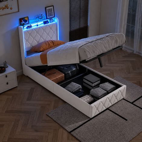 JOOKGBD-Letto a contenitore 90x200 cm in velluto beige, testiera con LED RGB telecomandato, porta USB/USB-C, meccanismo idraulico, grande vano di stoccaggio sotto il letto per camera (1/5)