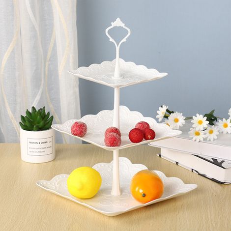 Plateau de service carré à 3 étages en plastique blanc pour gâteaux et desserts. (1/5)