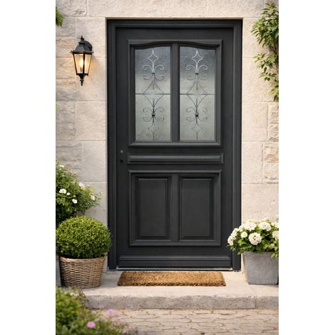 Puerta de entrada de madera con cristal Mathilde gris antracita, H.215xL.90 cm, lado con tablero, derecho, pomo, bombín, botÃ³n, GD MENUISERIES