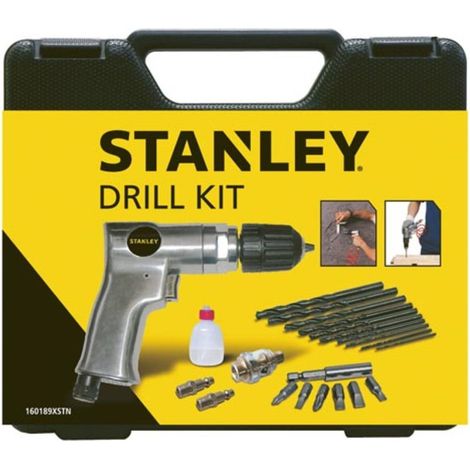 Stanley – Coffret perceuse pneumatique 17 pièces – Perceuse réversible – 10 forets HSS – 6 embouts vissage – 170 l/min, 6 bar – Entretien facile (1/7)