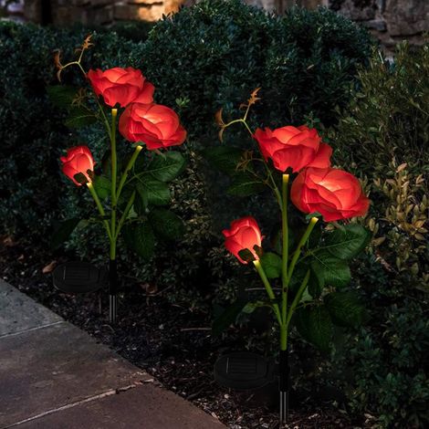 2 x lampes solaires d'extérieur, fleur de rose solaire pour jardin, lampe solaire étanche pour balcon, allée de jardin, balcon, jardinière et décoration de terrasse (rouge) (1/5)