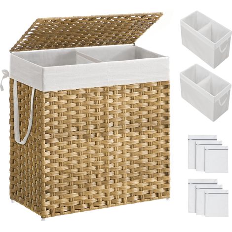 Panier à linge tissé à la main, 110L Corbeille à linge artisanale, en Rotin synthétique, 2 Compartiments, avec Couvercle et Poignées, Pliable, Doublure amovible, Naturel LCB52NL (1/5)