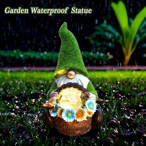 Gartenzwergfigur mit Blumenkorb, solarbetriebene Außenbeleuchtung, Dekoration für Rasen und Terrasse, wetterfeste Geschenkidee