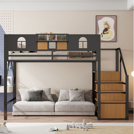Lit mezzanine 140 x 200 cm en métal noir avec rangement et bureau gain de place (1/5)