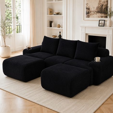Canapé Modulable 3 Places avec 2 Poufs en Velours Côtelé Noir 268 x 174 x 80 cm -PANGIVO (1/5)