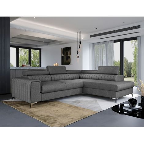Ecksofa mit Schlaffunktion Sofa ELENI Stoff Sawana Grau Ottomane Rechts (1/4)