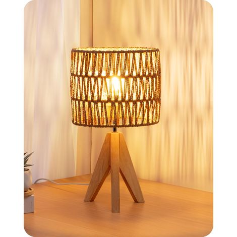 Lampe de Chevet Trépied en Bois Massif, E27 Ampoule de 2700K 4W Incluse, Abat-jour en Corde Tissée à la Main, 20 x 20 x 36 cm, Lampe de Table Moderne pour Chambre, Salon, Hôtel (1/5)