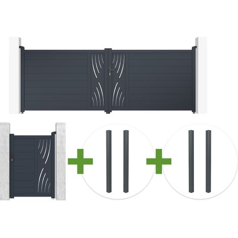 4 m VELETA Schwingtor, H. 140 cm, graues Aluminium + 1 m VELETA Tor, H. 140 cm + 4 Pfosten