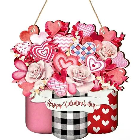 New Valentine's Day Wooden Hanging Ornament with Roses and Hearts - Farmhouse/Family Welcome Sign - 28x26cm