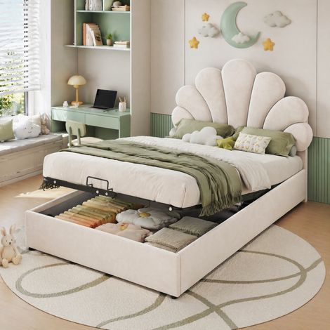 Lit coffre 90x200 avec rangement en velours beige HAVRYA (1/5)