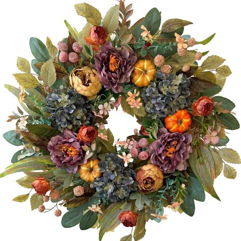 Couronne de porte automnale artificielle 50 cm – Hortensias bleus, pivoines et citrouilles – Décoration Halloween, automne et maison (1/5)
