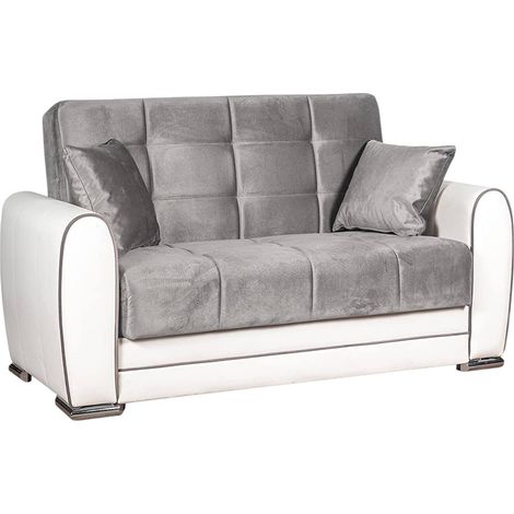 Dmora – Canapé d'angle conteneur clic-clac en éco-cuir et tissu – Dimensions 163x84h91 cm – Blanc et gris – Rangement intégré sous l'assise