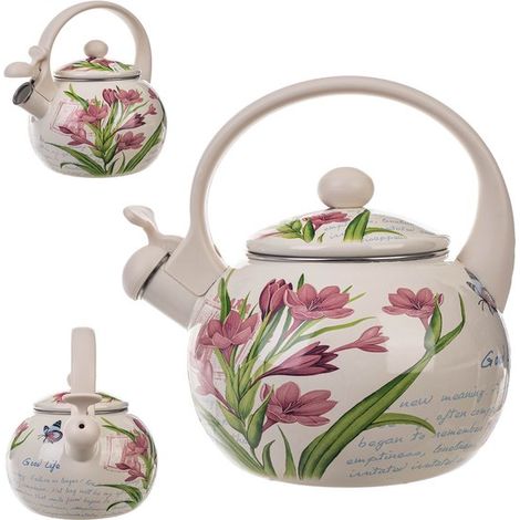 Bouilloire, bouilloire en acier inoxydable, bouilloire sifflante de 2,2 l, bouilloire compatible induction et gaz, bouilloire à thé, bouilloire émaillée, bouilloire rétro avec tuyau (crocus) (1/5)