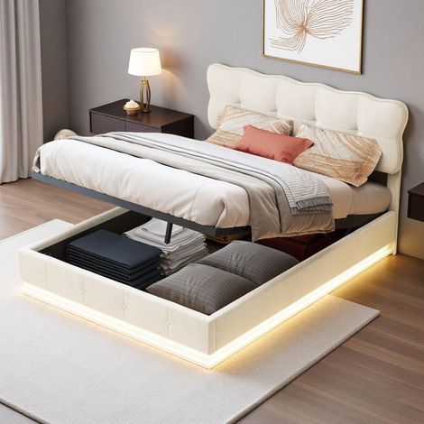 Letto contenitore - 140x190 cm - Velluto beige - LED regolabile 7 colori - Meccanismo idraulico