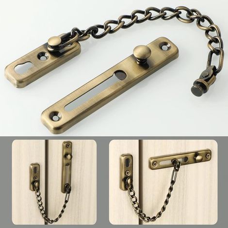 Catena di sicurezza per porta in 3 pezzi, serratura antifurto con sblocco a pressione, catena in acciaio inossidabile con viti, finitura bronzo (1/5)