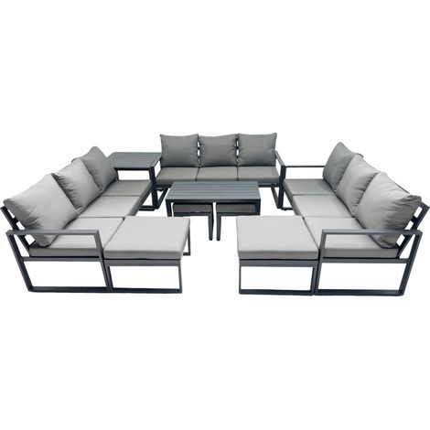 Fimous Outdoor Garden Furniture Set Aluminium Lounge 3 Seat Sofa Oblong Coffee Table Sets with 4 Stools Side Table Dark Grey (1/5)