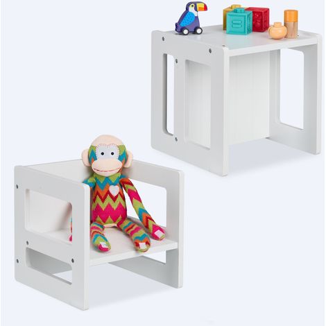 Relaxdays Set di 2 sgabelli per bambini, 2 altezze di seduta, con braccioli, AxLxP: 30x30x30 cm, MDF, bianco