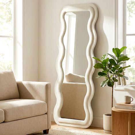 Miroir Grand Format 160x60 cm, Miroir Vague sur Pied ou Fixation Murale, Cadre Aspect Velours, Verre Sécurisé, Teinte Crème, Lot de 1 (1/5)