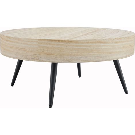 Mesa de centro redonda de 70 cm en MDF efecto travertino claro con patas de metal negro (1/5)