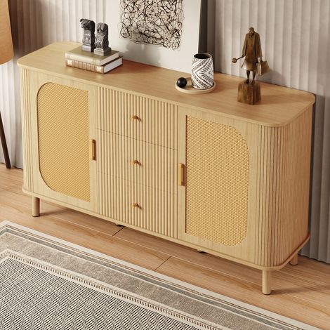 Credenza con 2 Ante in Rattan, 3 Cassetti e 2 Ripiani, Gambe in Metallo Effetto Legno, in MDF, 140×40×80 cm, Naturale