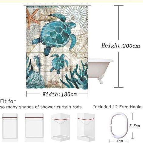 Rideau de Douche Anti-moisissure Salle de Bain Rideau Baignoire 180x200 Mer Tortue Marine Beaux Imprimés en Tissu Imperméable avec (1/5)