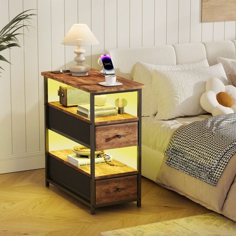 Nachttisch mit 4 Ebenen, 2 Schubladen, offenen Fächern, USB-Anschlüssen und LED-Beleuchtung, Möbel für Schlafzimmer und Wohnzimmer - Braun