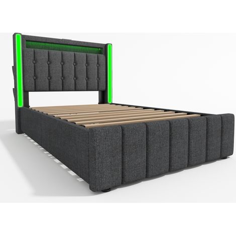 Gepolstertes graues Bett 90x200 cm mit LED, USB-C, 2 Schubladen und Holzlattenrost (1/5)